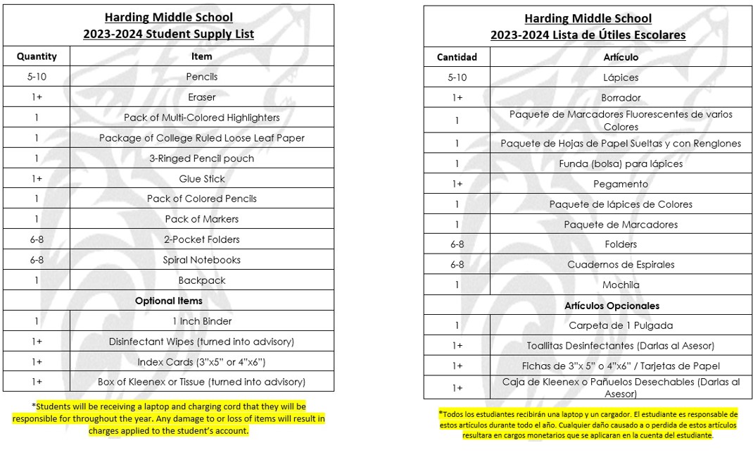 2023 School Supply List  Hardee Junior High School